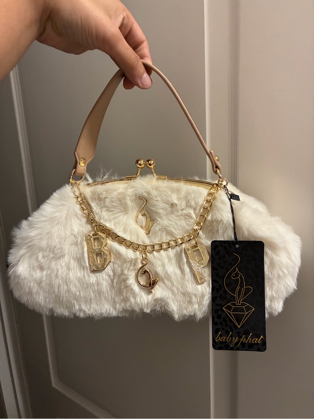Baby Phat Cream Faux Fur Top-Handle Clutch with Gold Charms
